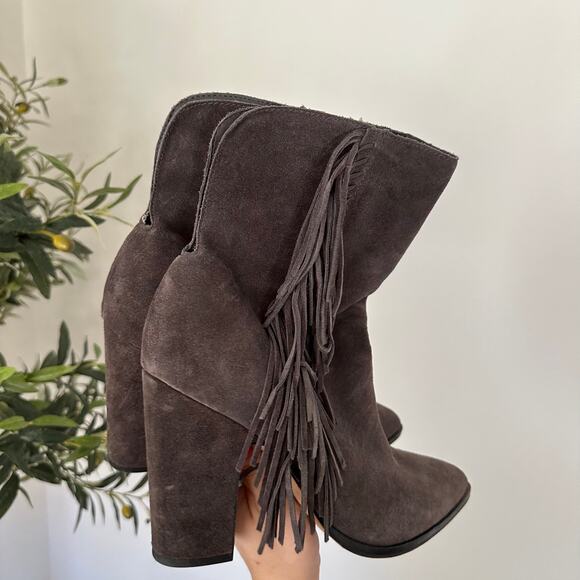 Dolce Vita Ileen Fringe Suede Pull On Pointed-Toe Heeled Boots Brown 10 - Picture 3 of 6